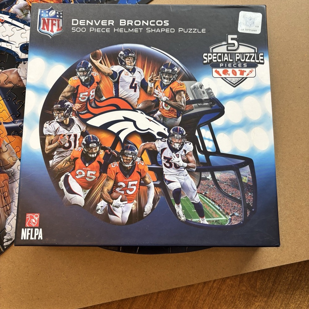 Denver BRONCOS Helmet Shaped JIGSAW PUZZLE 500 pc Masterpieces Inc NFL 25" x 22"